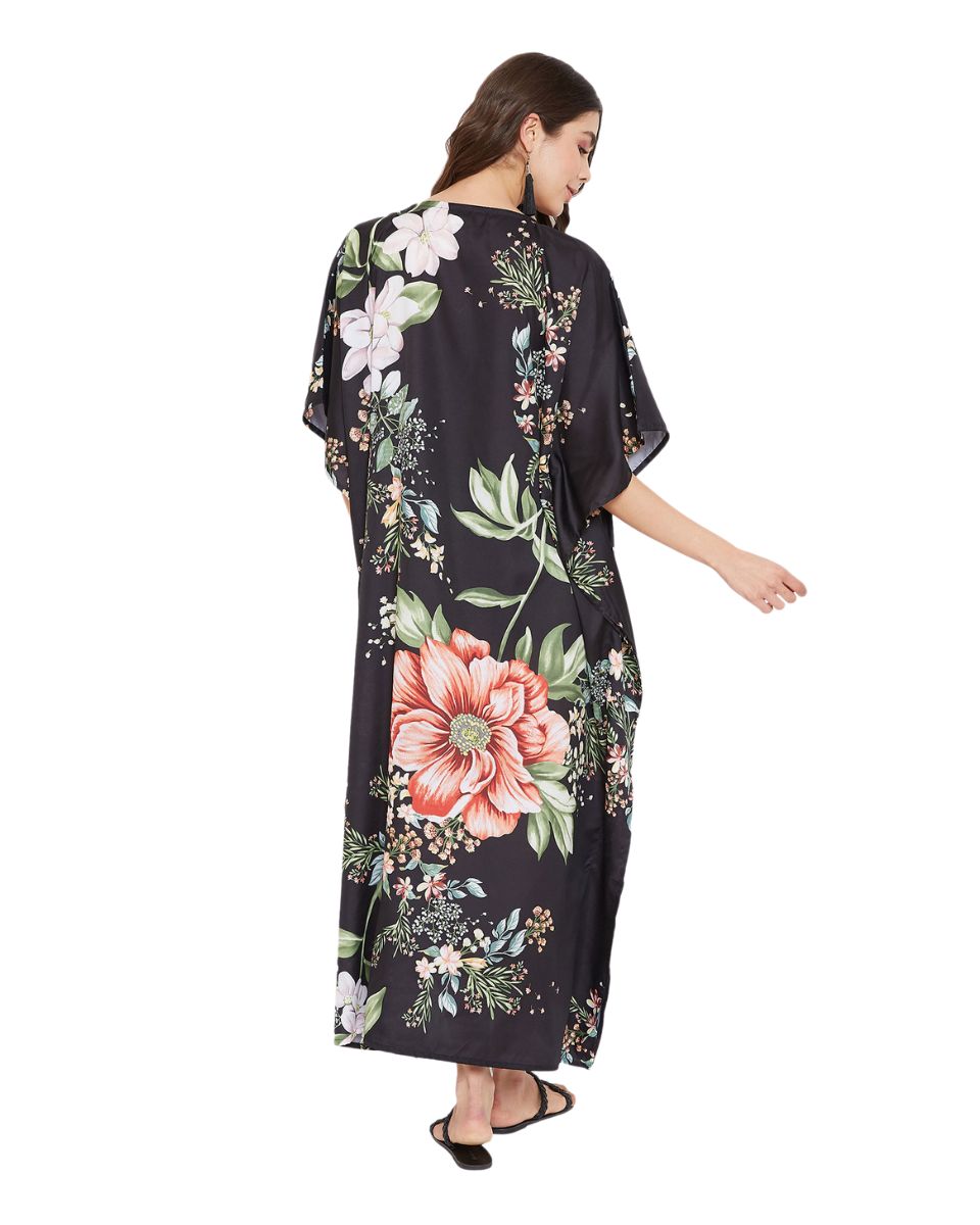 Loose Caftan Black Floral Polyester Beachwear For Plus Size Women