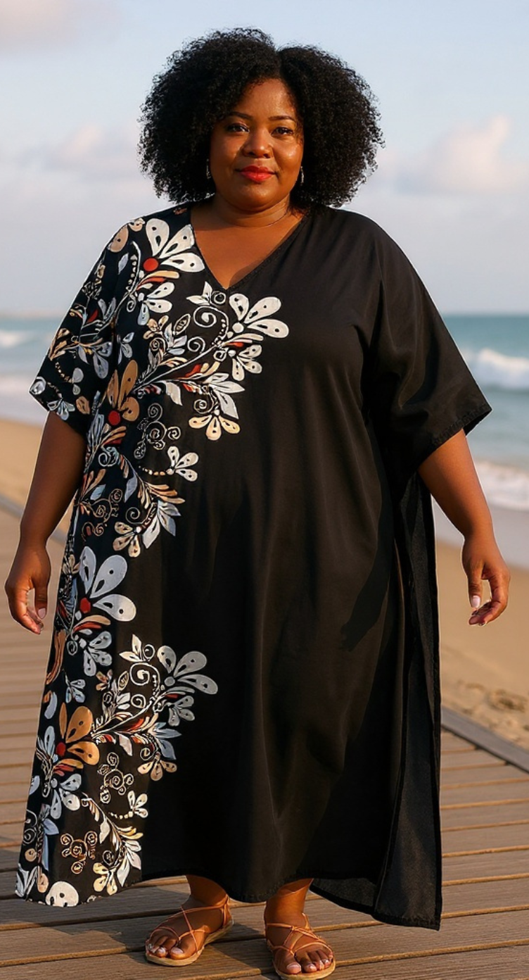 Floral Printed Black Polyester Women Plus Size Kaftan Beach Dress