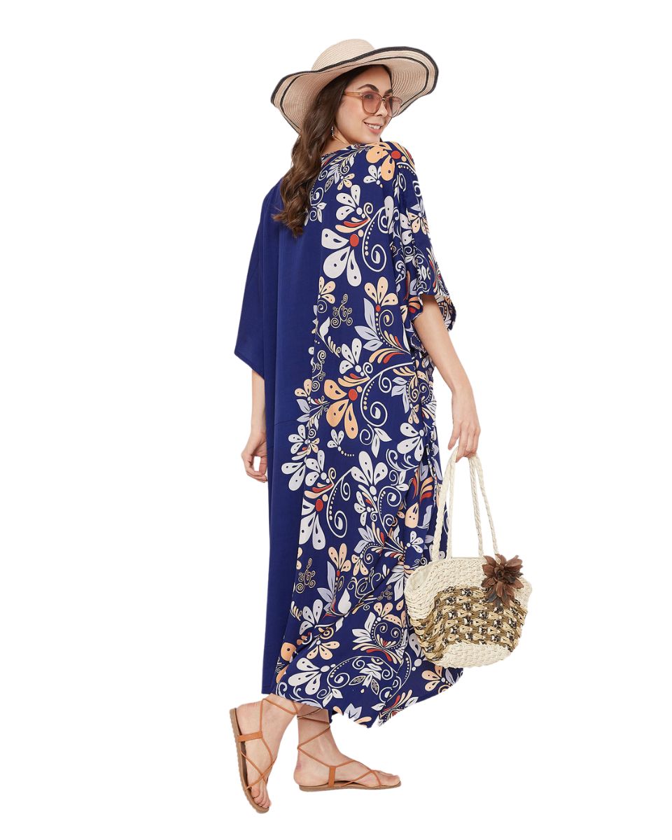 Women Floral Pattern Kimono Sleeve Kaftan for Beach