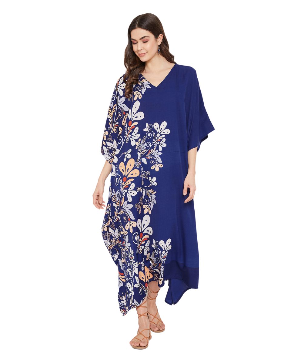 Women Floral Pattern Kimono Sleeve Kaftan for Beach