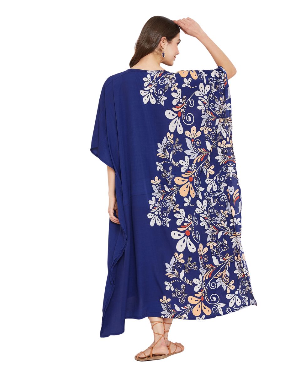 Women Floral Pattern Kimono Sleeve Kaftan for Beach