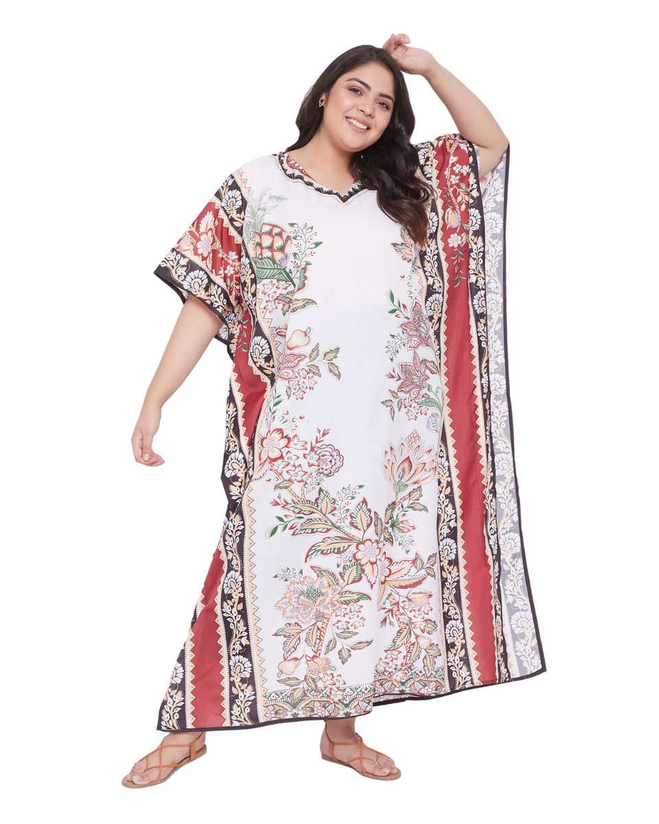 Floral Pattern Plus Size Kimono Polyester Caftan For Women