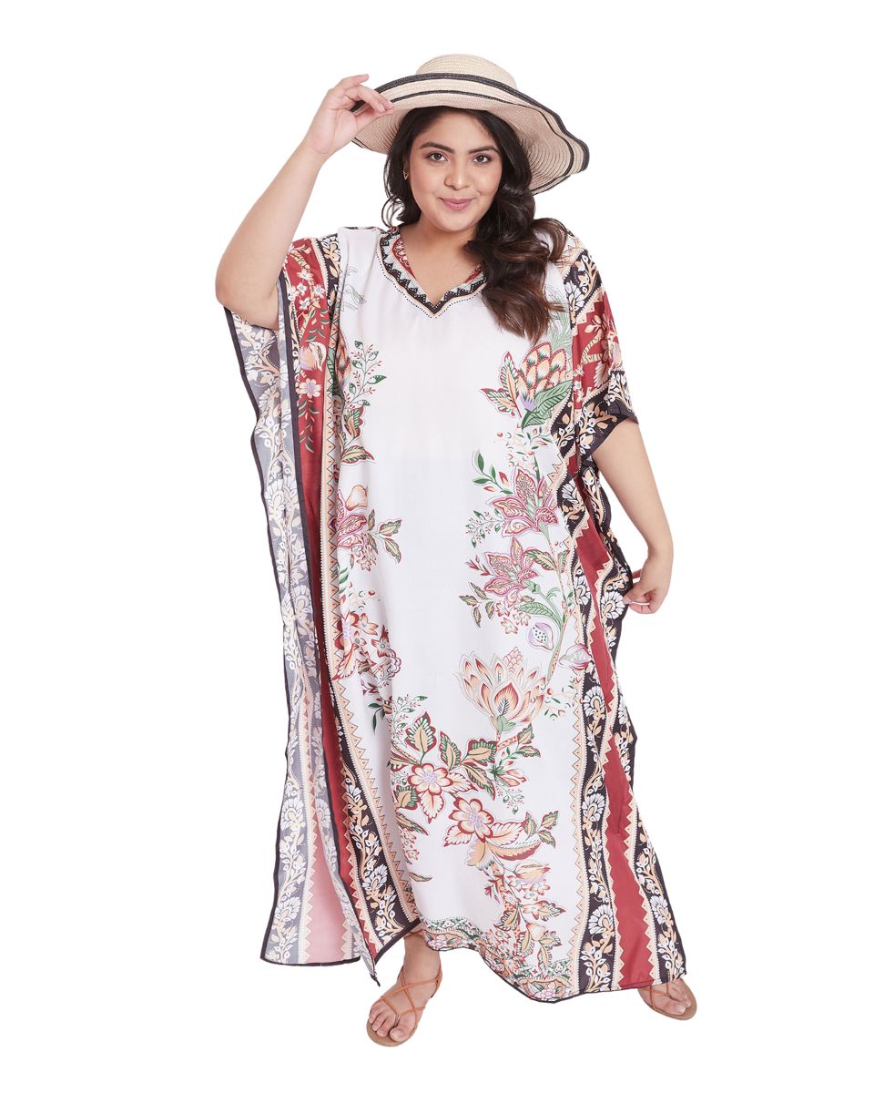 Floral Pattern Plus Size Kimono Polyester Caftan For Women