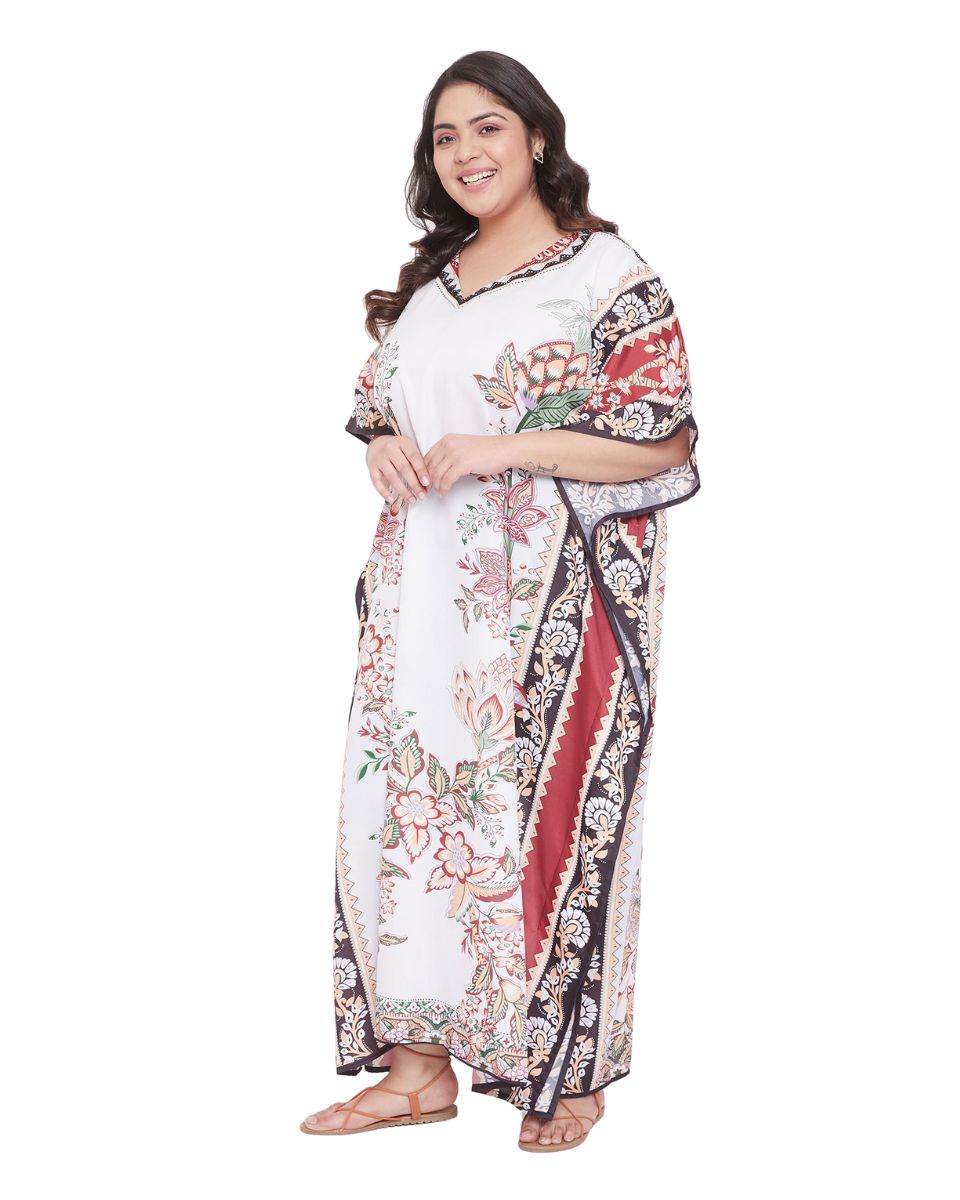 Floral Pattern Plus Size Kimono Polyester Caftan For Women