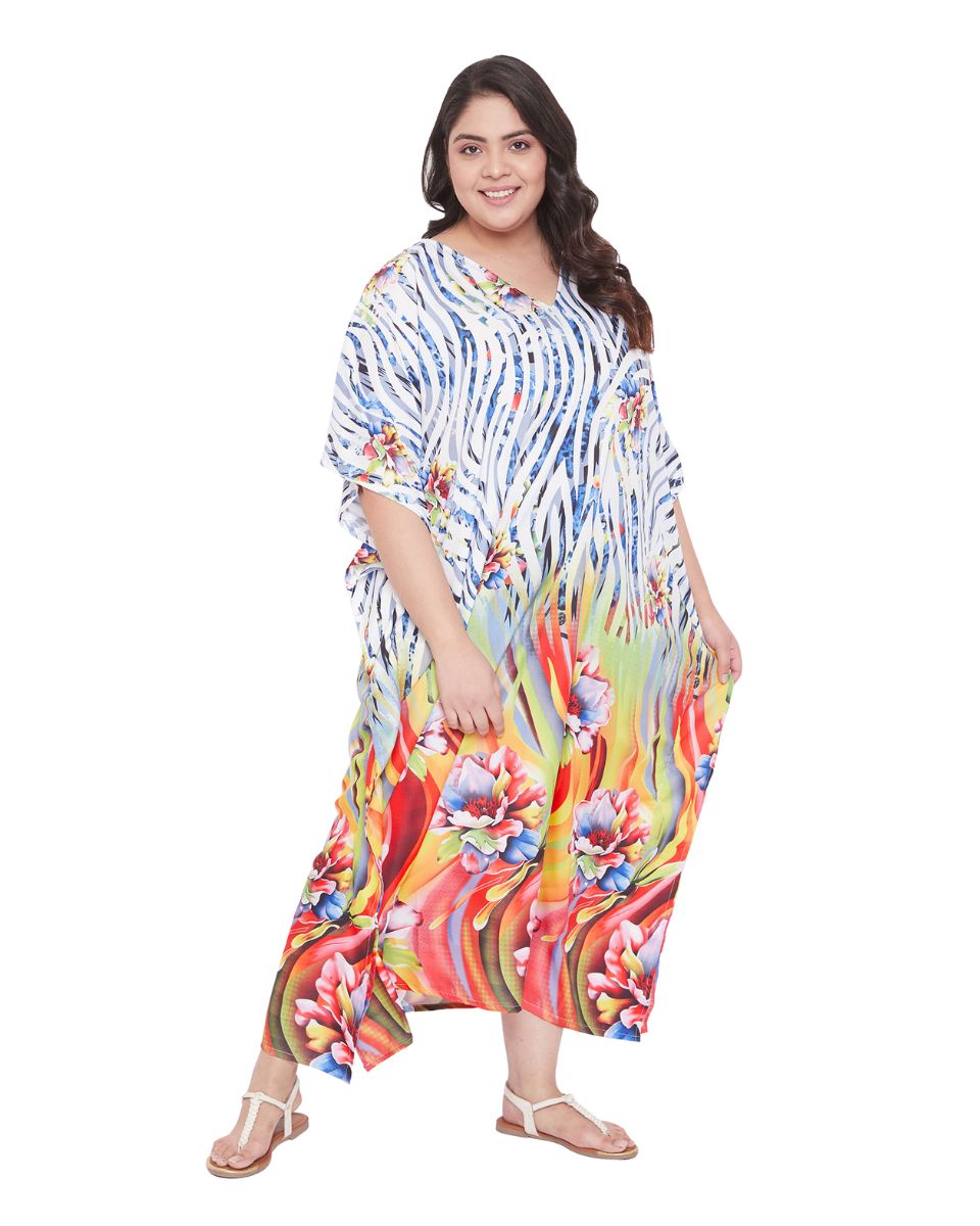 Polyester Kimono Style Floral Pattern Maxi Kaftan Plus Size Women