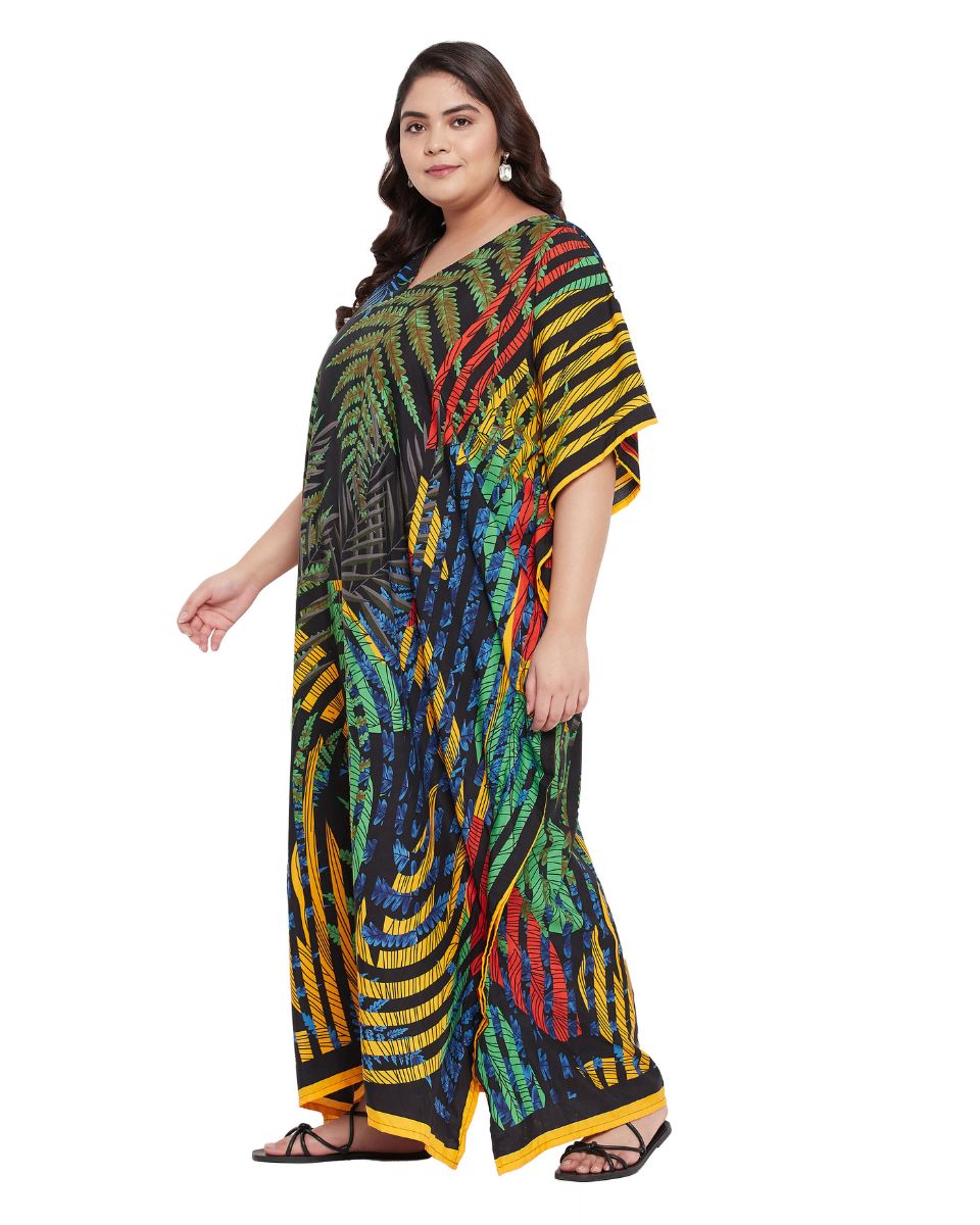 Leaf Printed Multicolor Polyester Plus Size Kaftan Dress For Women