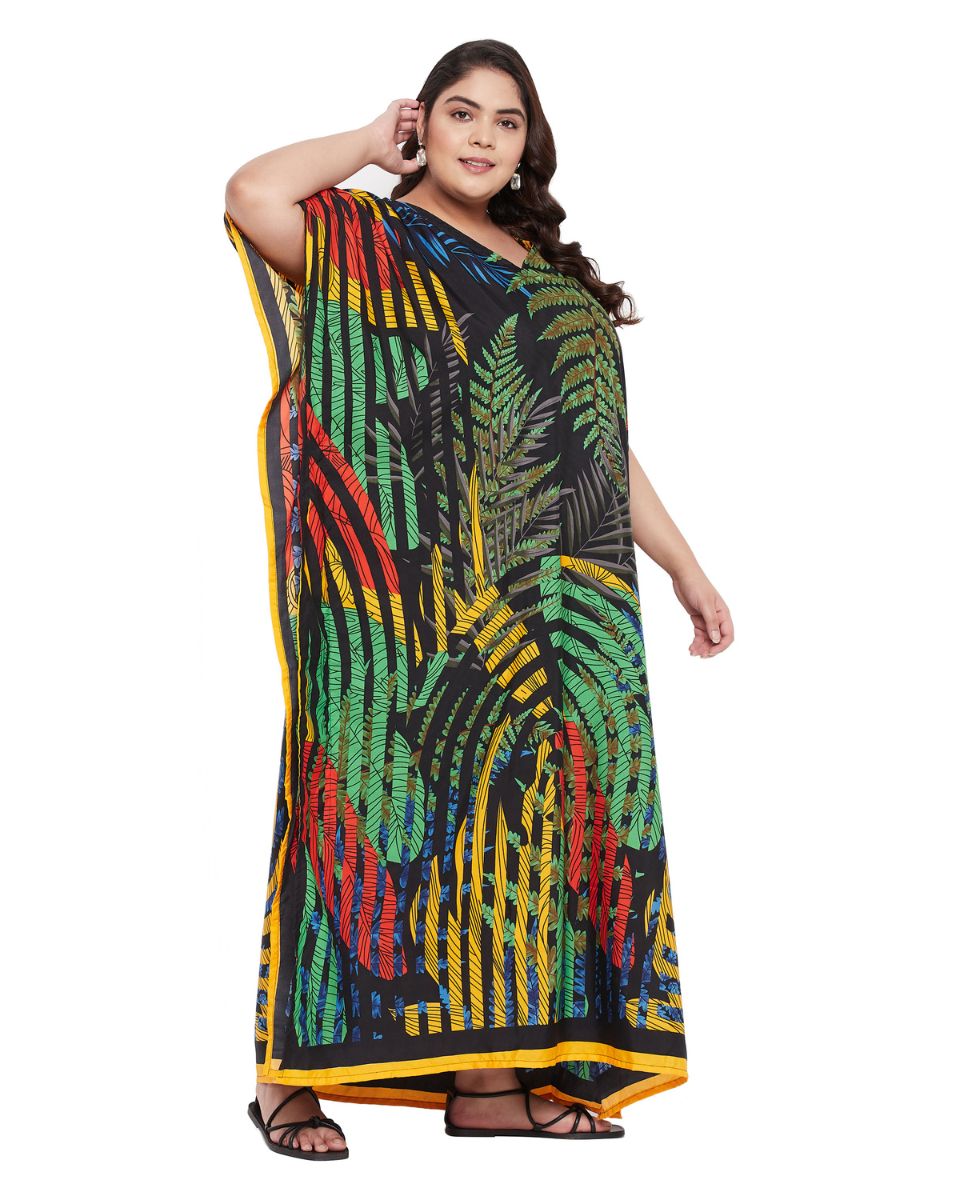 Leaf Printed Multicolor Polyester Plus Size Kaftan Dress For Women