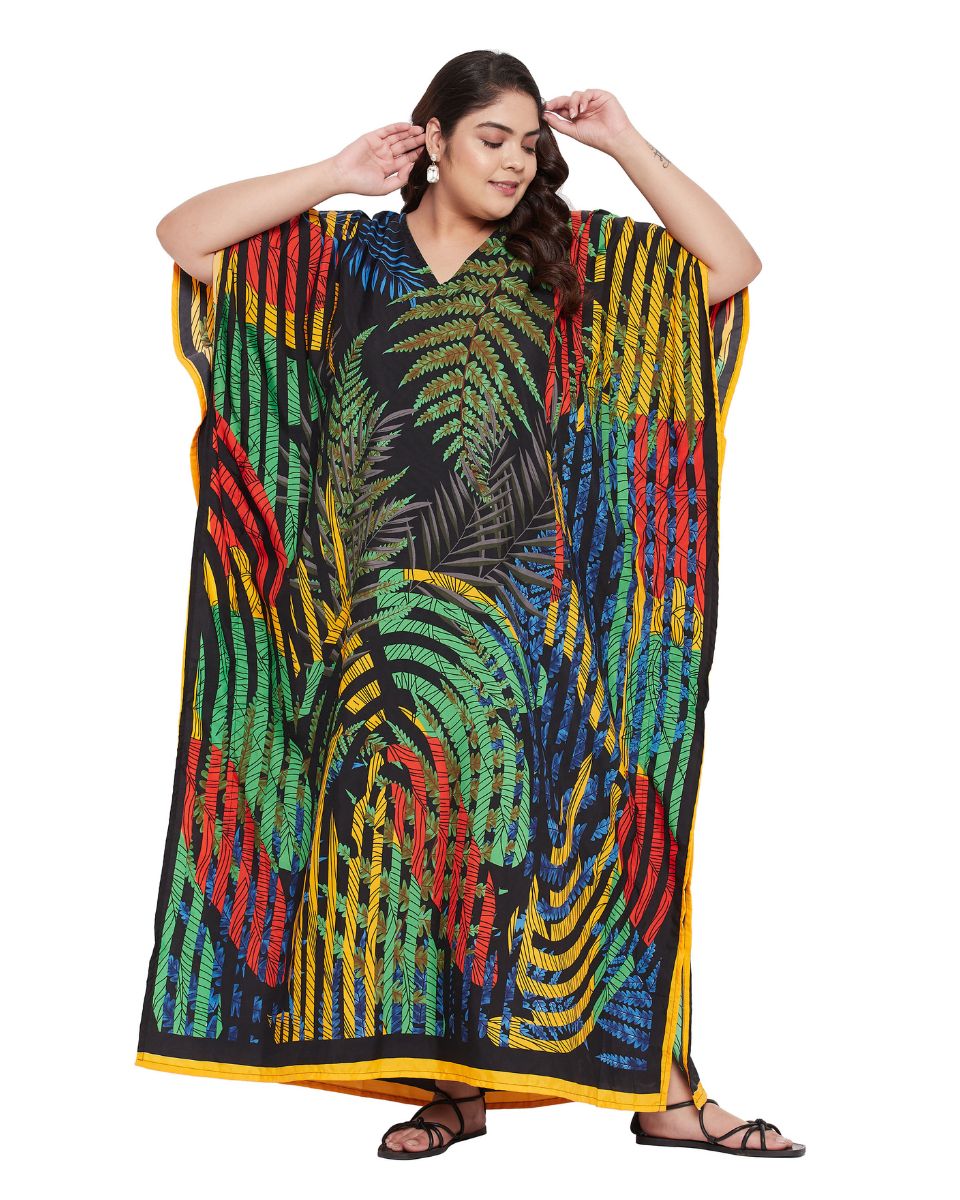 Leaf Printed Multicolor Polyester Kaftan Dress for Women