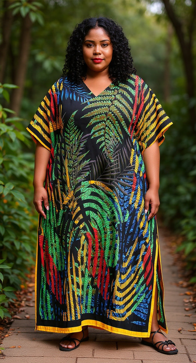 Leaf Print Multicolor Polyester Plus Size Kaftan Dress For Women