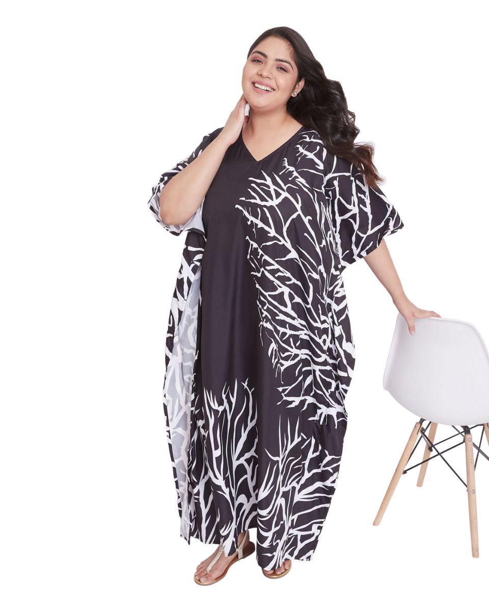 Women Black Polyester Plus Size Loose Kaftan Dress