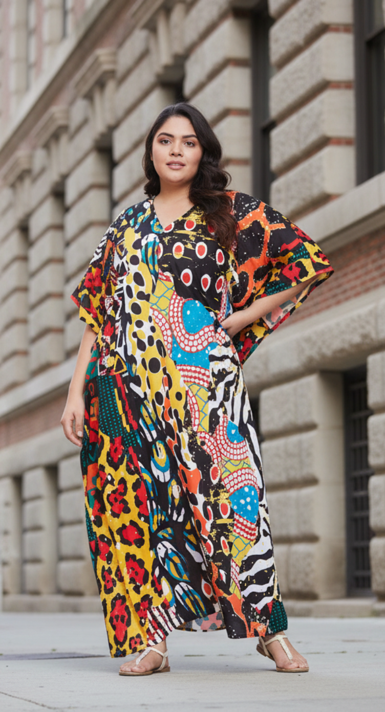 Abstract Printed Multicolor Polyester Kaftan Dress For plus Size Women