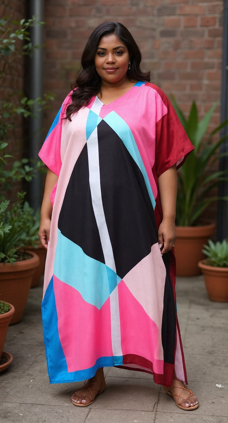 Geometric Printed Multicolor Plus Size Polyester Kaftan For Women