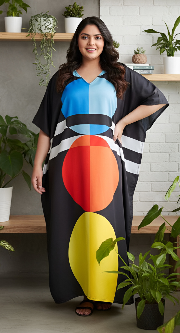Black plus size kaftan with retro circle colorblock print in blue, red and yellow