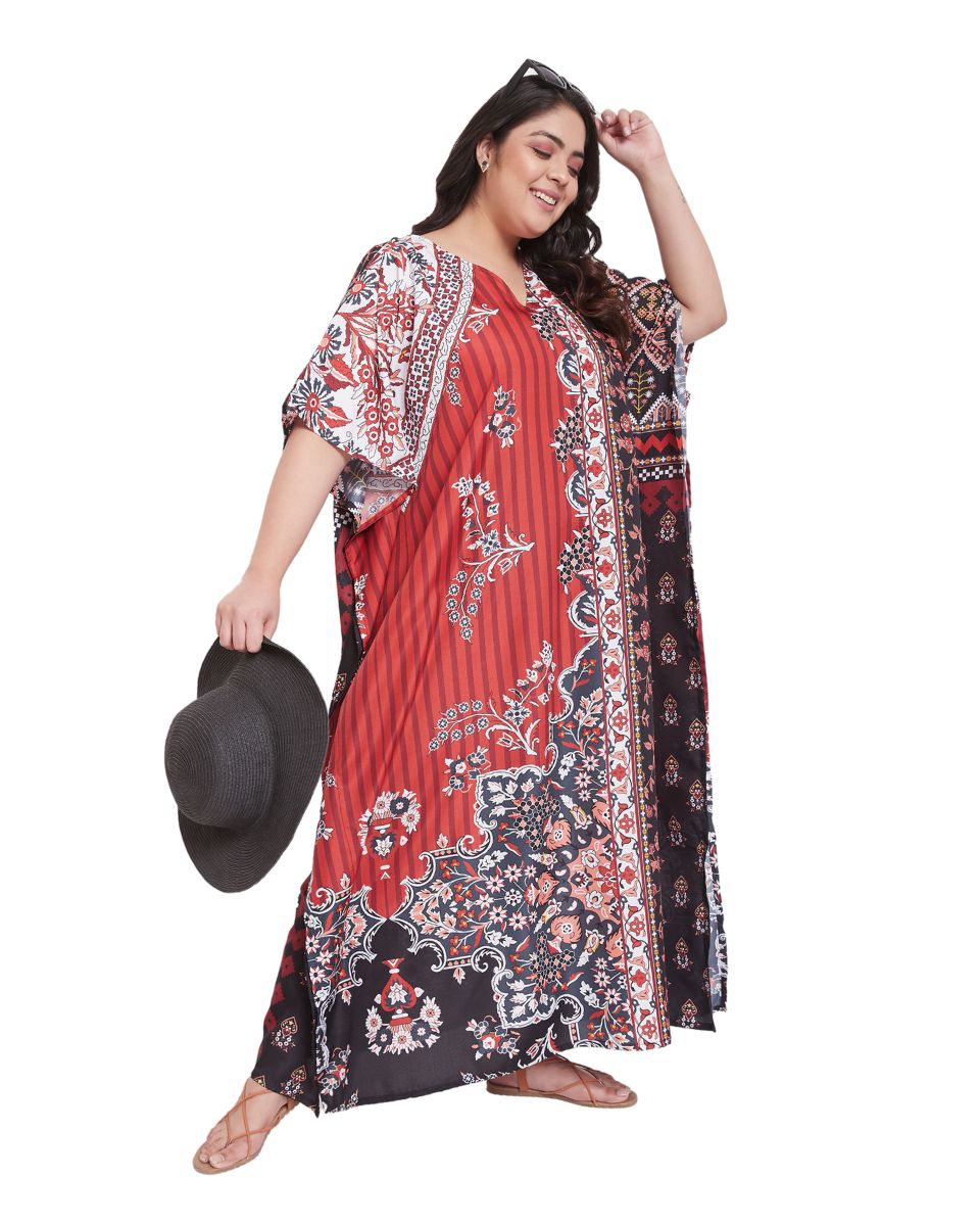 Dress Polyester Floral Print Gown Plus Size Kaftan For Women