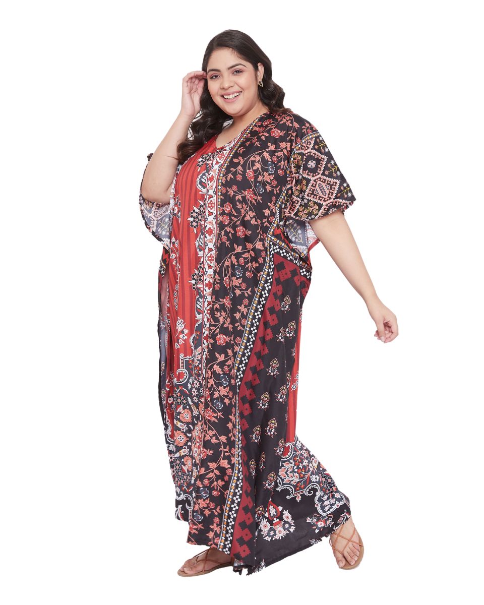 Dress Polyester Floral Print Gown Plus Size Kaftan For Women