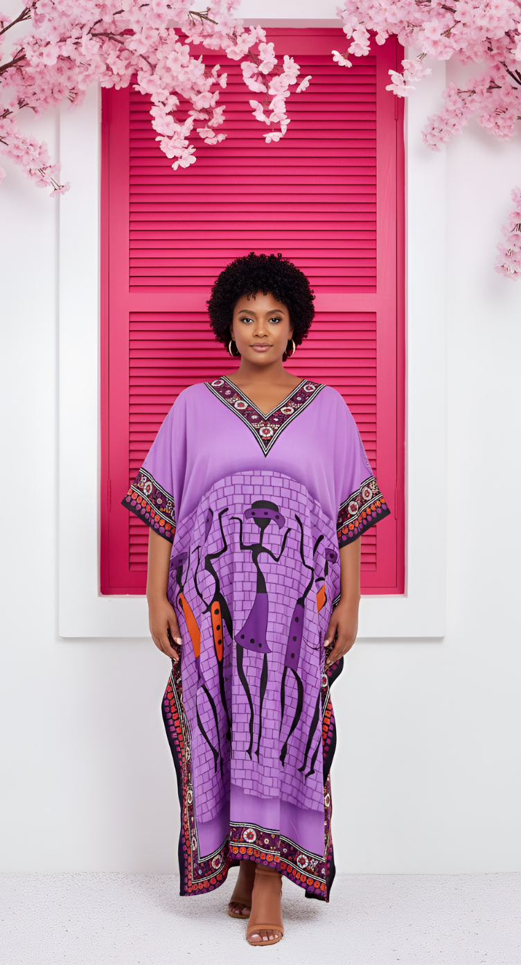 Women Purple Polyester Tribal Printed Kaftan Plus Size Dress