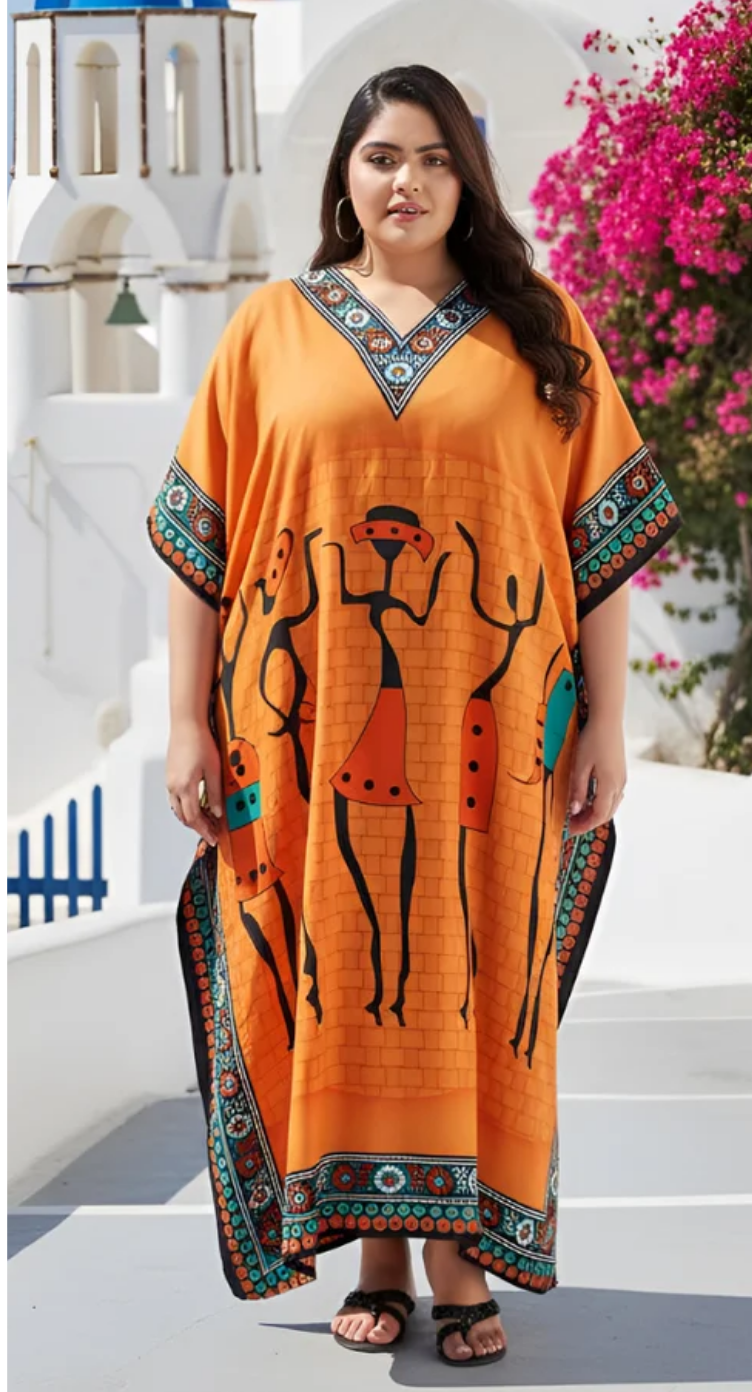 GypsieBlu Orange Polyester Plus Size Kaftan for Women V-Neck 1X-3X - Tribal Dancing Figures Print