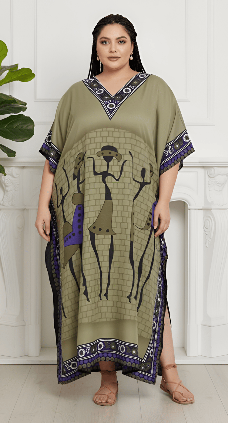 Olive green plus size kaftan with tribal dancing figure print and embellished V-neckline
