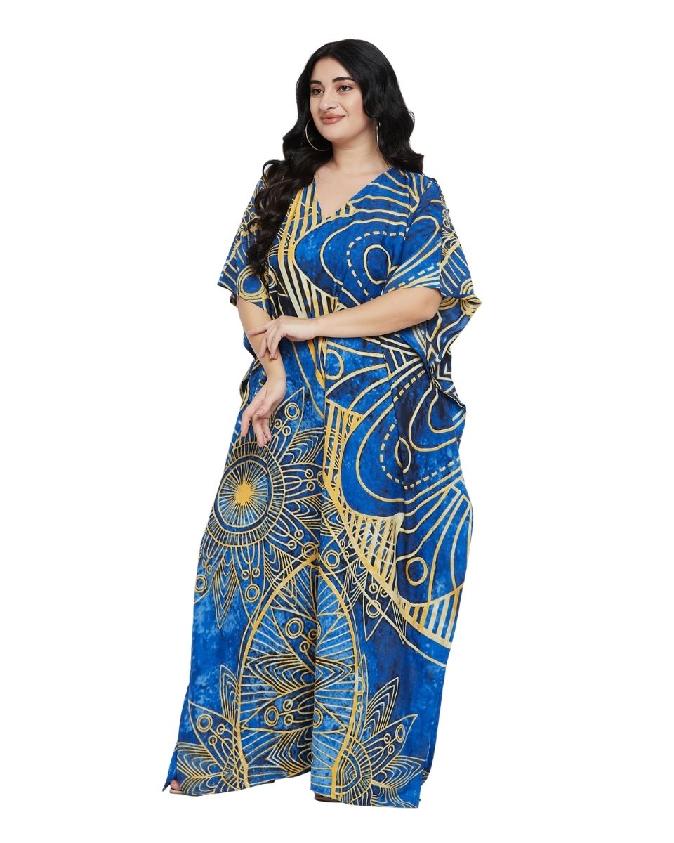 Golden Abstract Design Plus Size Blue Color Polyester Kaftan For Women