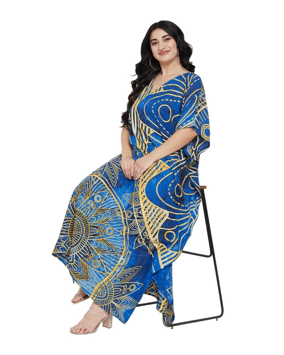 Golden Abstract Design Plus Size Blue Color Polyester Kaftan For Women