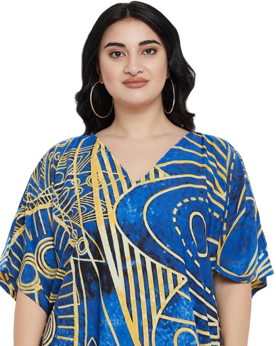 Golden Abstract Design Plus Size Blue Color Polyester Kaftan For Women