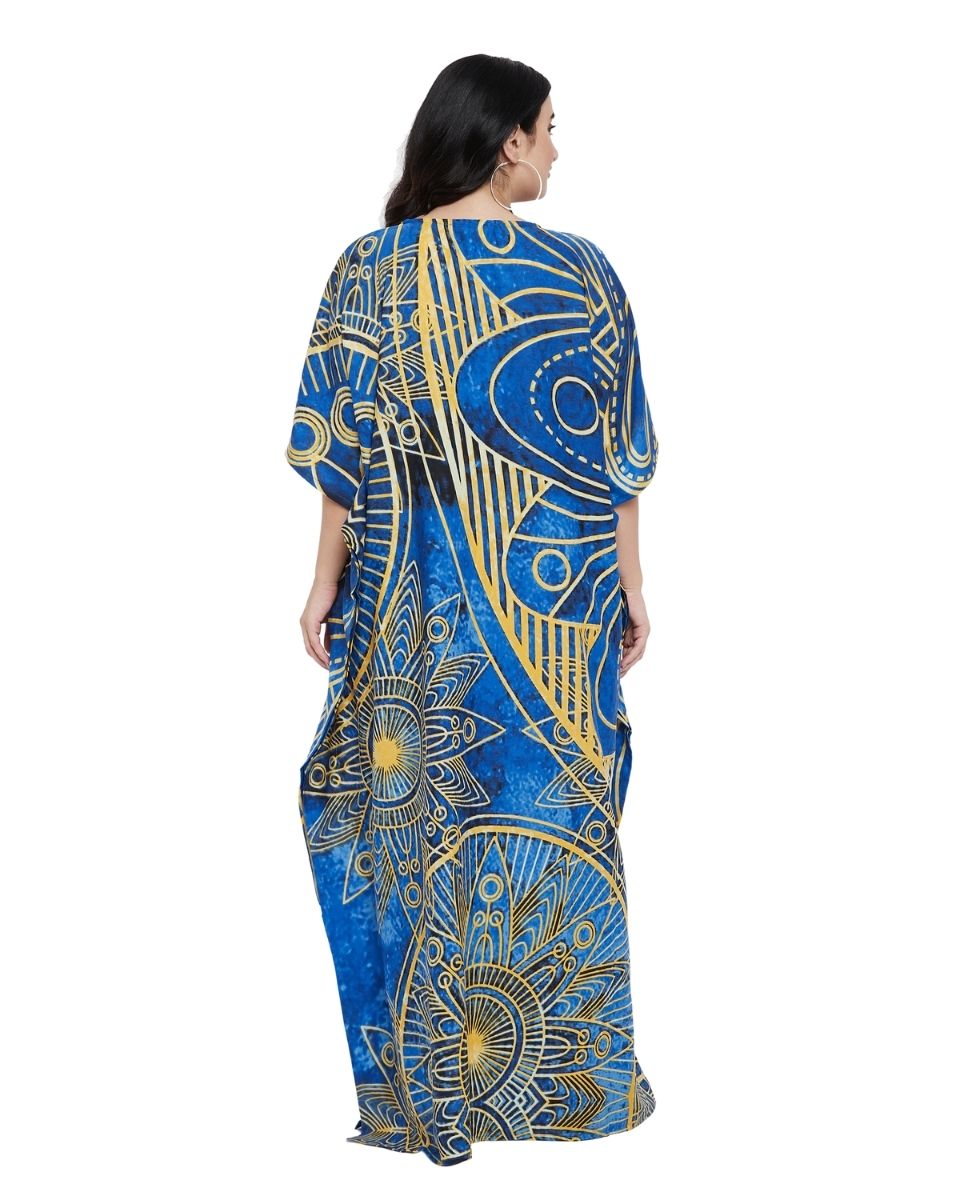 Golden Abstract Design Plus Size Blue Color Polyester Kaftan For Women