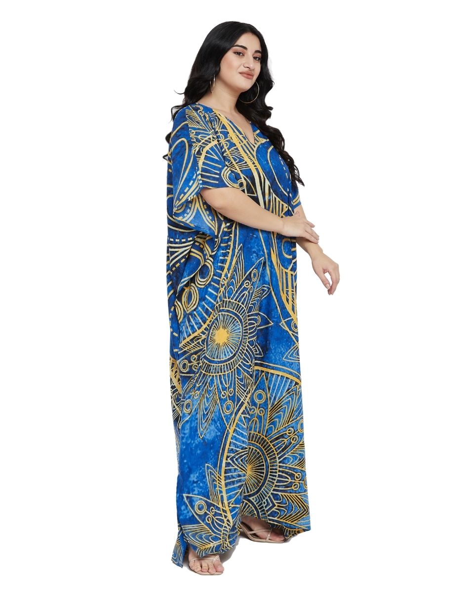 Golden Abstract Design Plus Size Blue Color Polyester Kaftan For Women