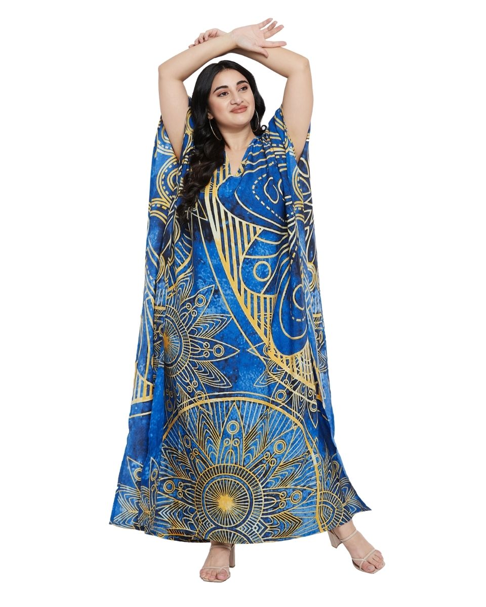 Golden Abstract Design Plus Size Blue Color Polyester Kaftan For Women