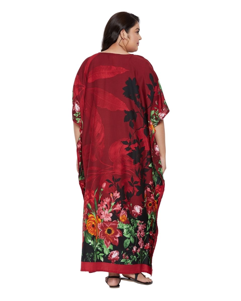 Floral Print Red Polyester Kaftan for Women