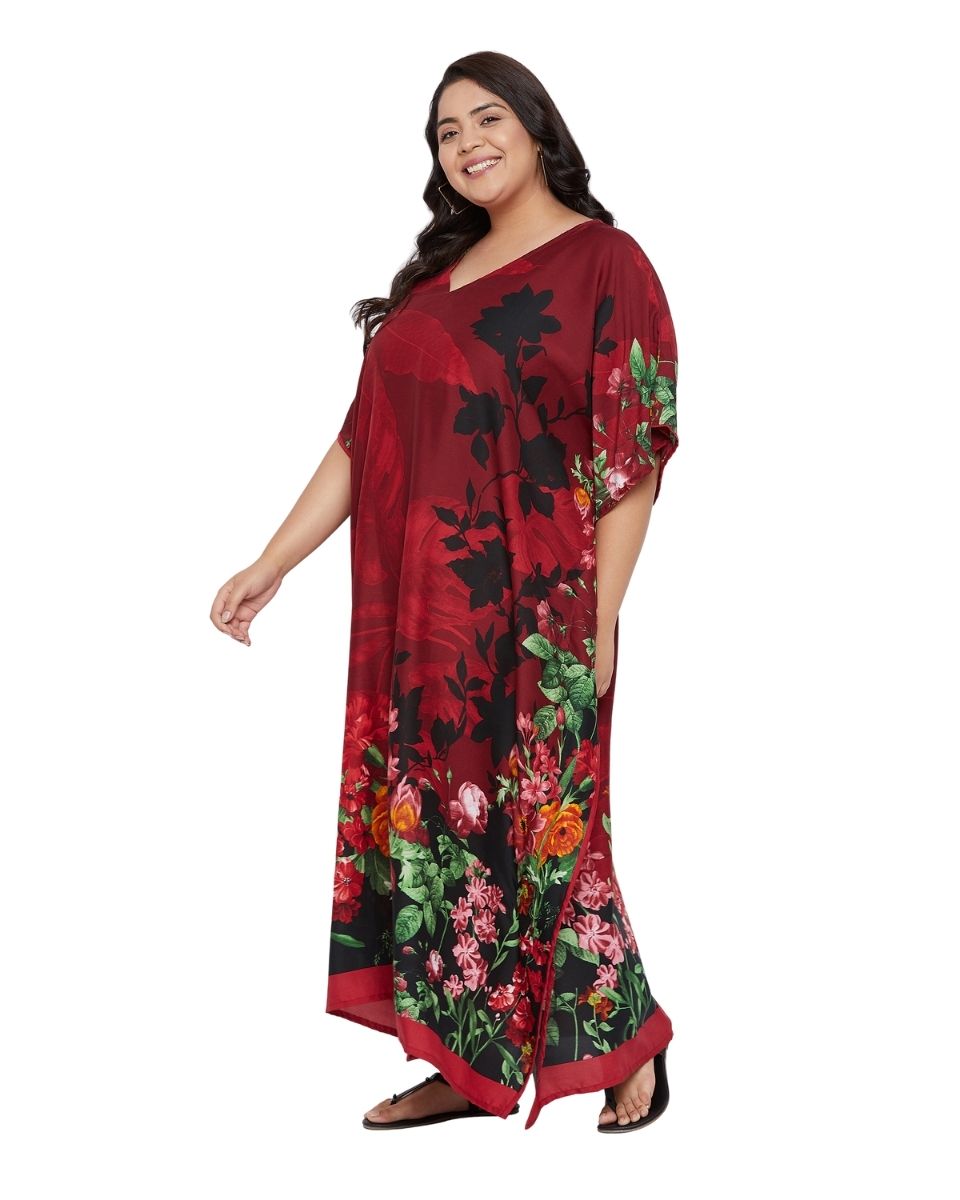 Floral Print Red Polyester Kaftan for Women