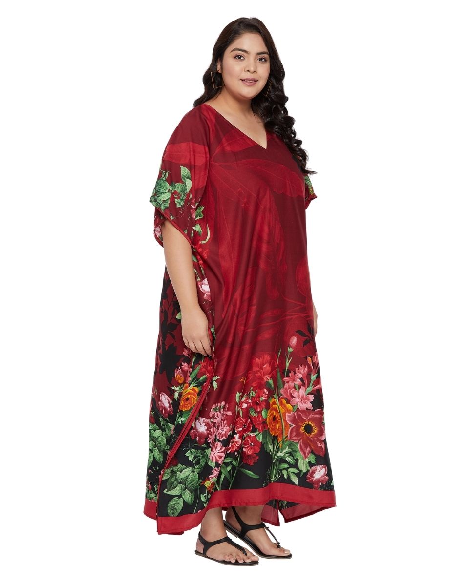 Floral Print Red Polyester Kaftan for Women