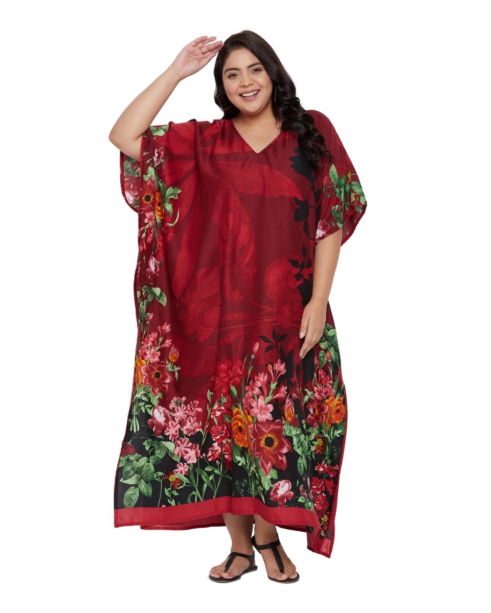 Floral Print Red Polyester Kaftan for Women