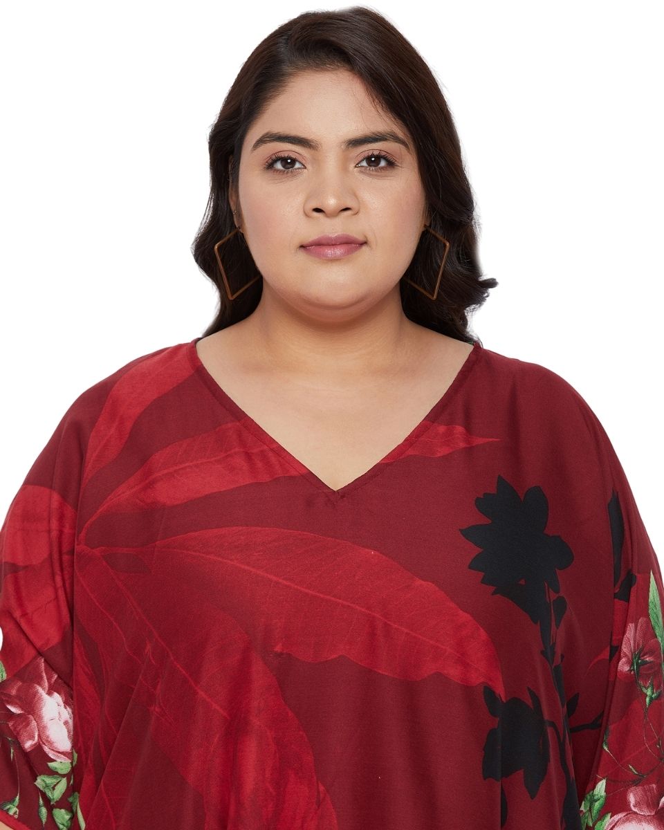 Floral Print Red Polyester Kaftan for Women