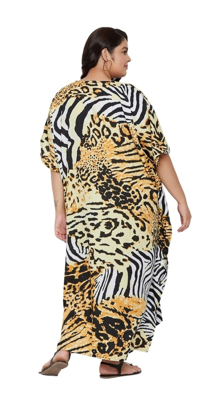 Yellow and black leopard and zebra print plus size kaftan with V-neck — alternate view