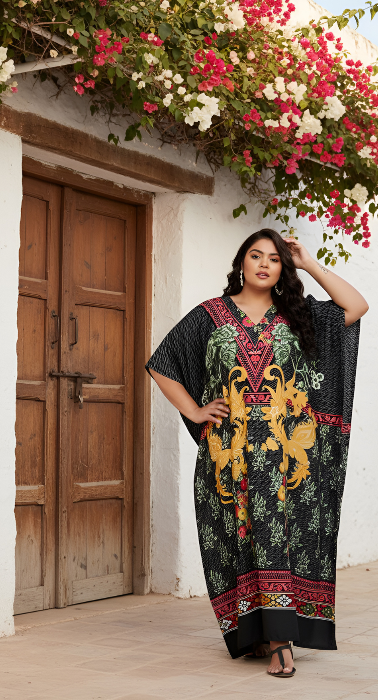 Floral Printed Black Polyester Kaftan Dress For Plus Size Women