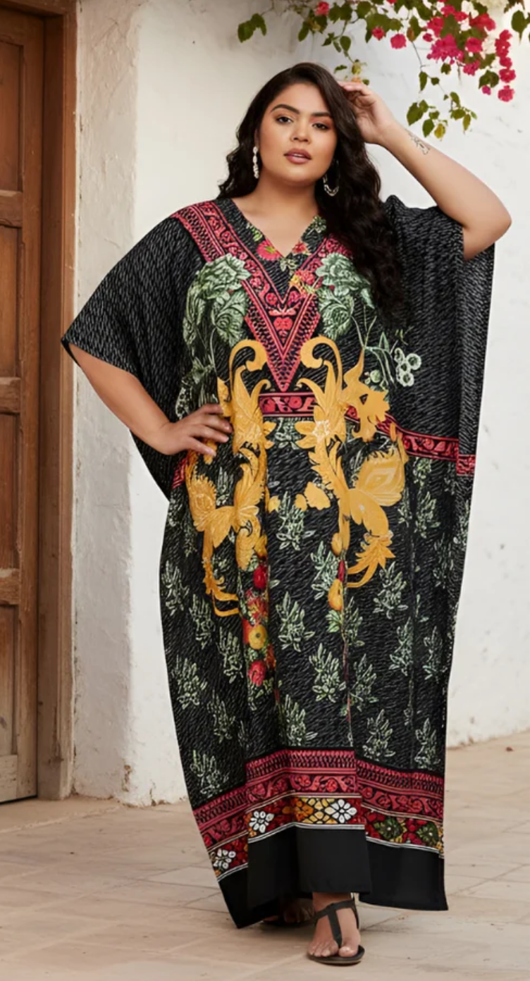 GypsieBlu Black Multicolor Polyester Plus Size Kaftan for Women V-Neck 1X-3X - Dragon Floral Medallion Print