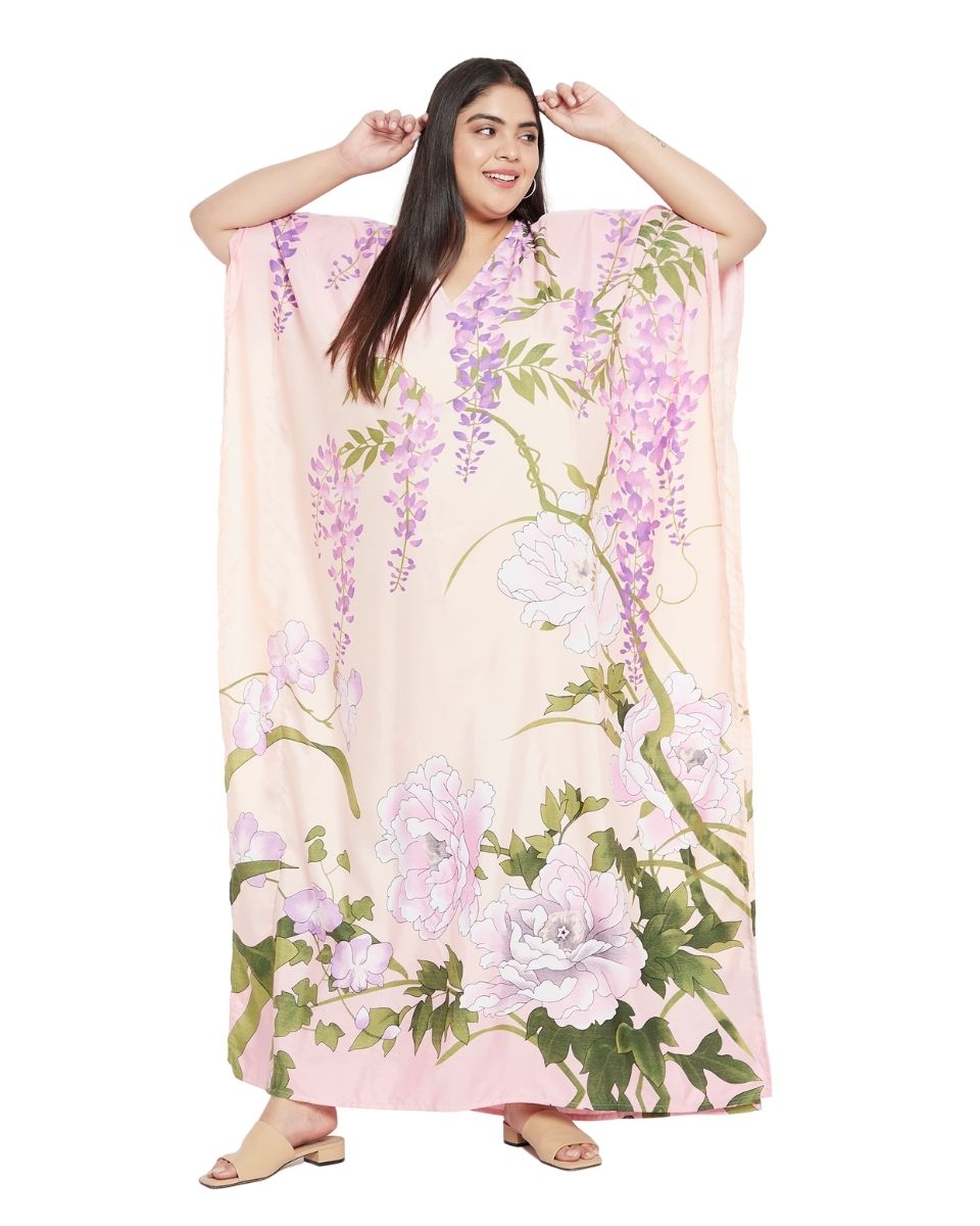 Women Floral Pattern V-Neck Polyester Long Kaftan For Beach Wear