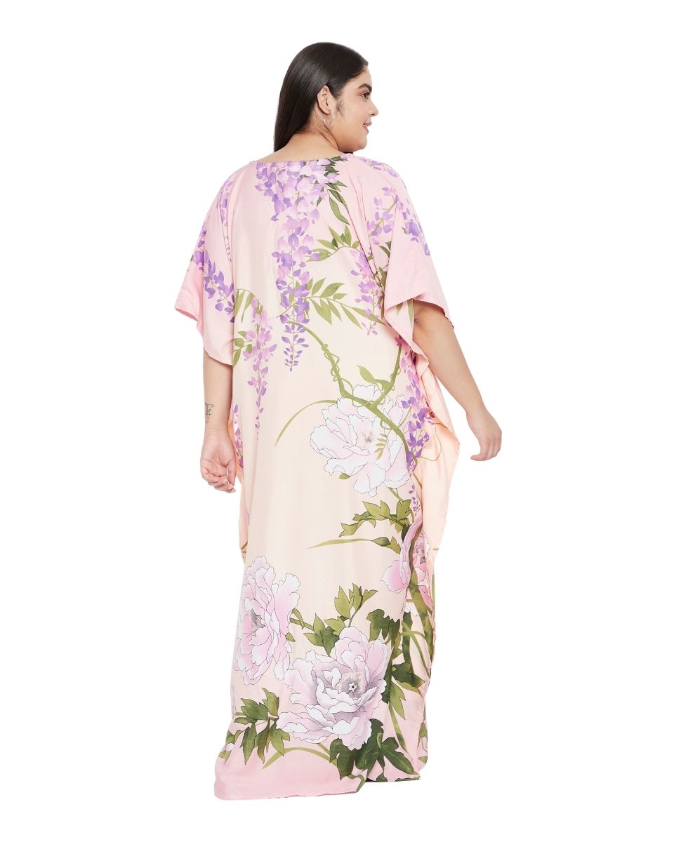 Women Floral Pattern V-Neck Polyester Long Kaftan For Beach Wear