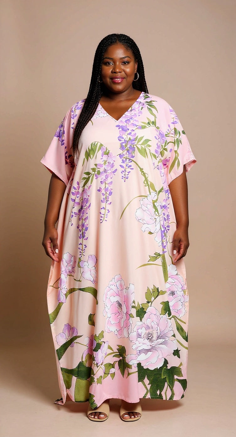 Baby Pink Floral Pattern Polyester Kaftan For Plus Size Women