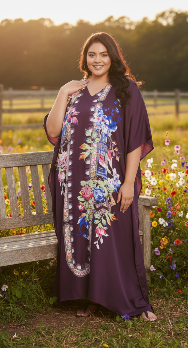 Floral Printed Plus Size Purple Polyester Kaftan Dress For Women
