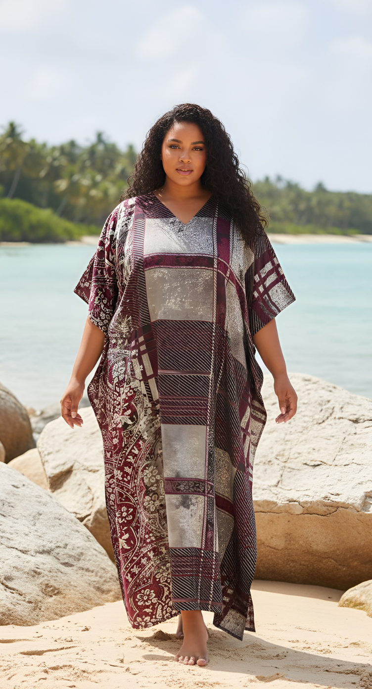 Geometric Plus Size Printed Maroon Polyester Kaftan Dress For Women