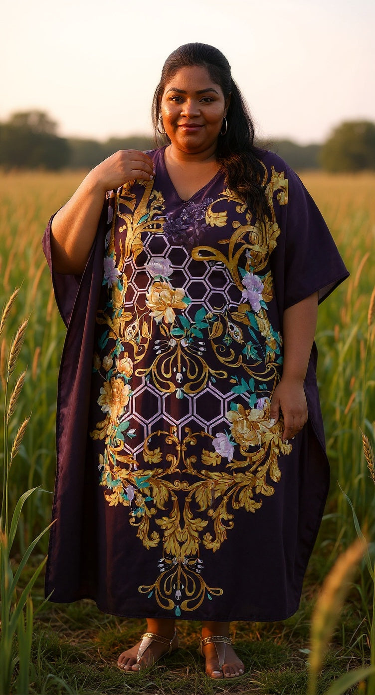 Floral Printed Purple Polyester Plus Size Kaftan Dress For Women