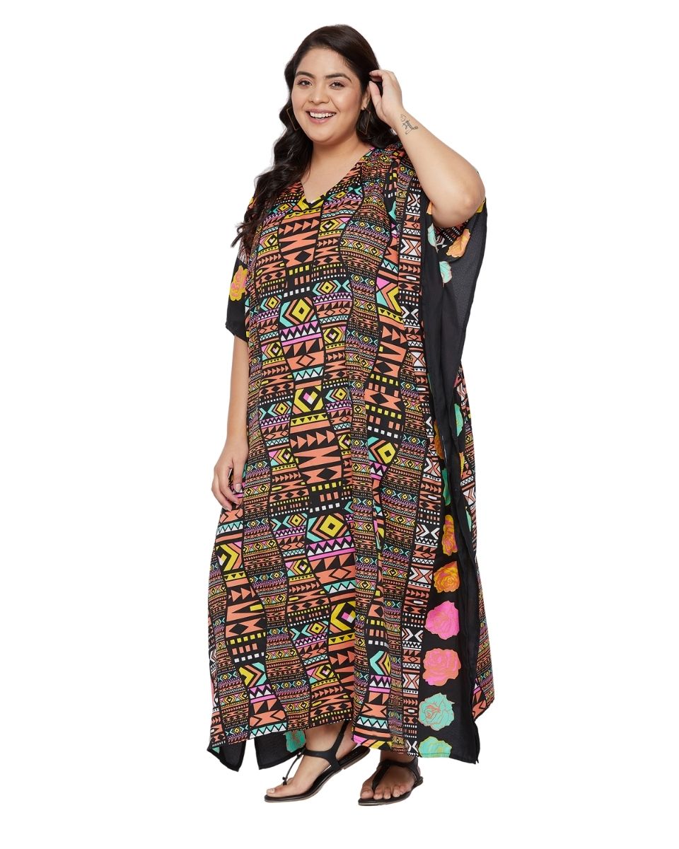 Women Multicolor Polyester Kimono Sleeve Maxi Plus Size Kaftan