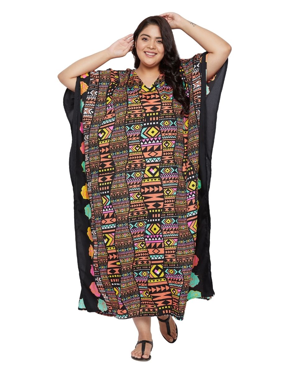 Women Multicolor Polyester Kimono Sleeve Maxi Plus Size Kaftan