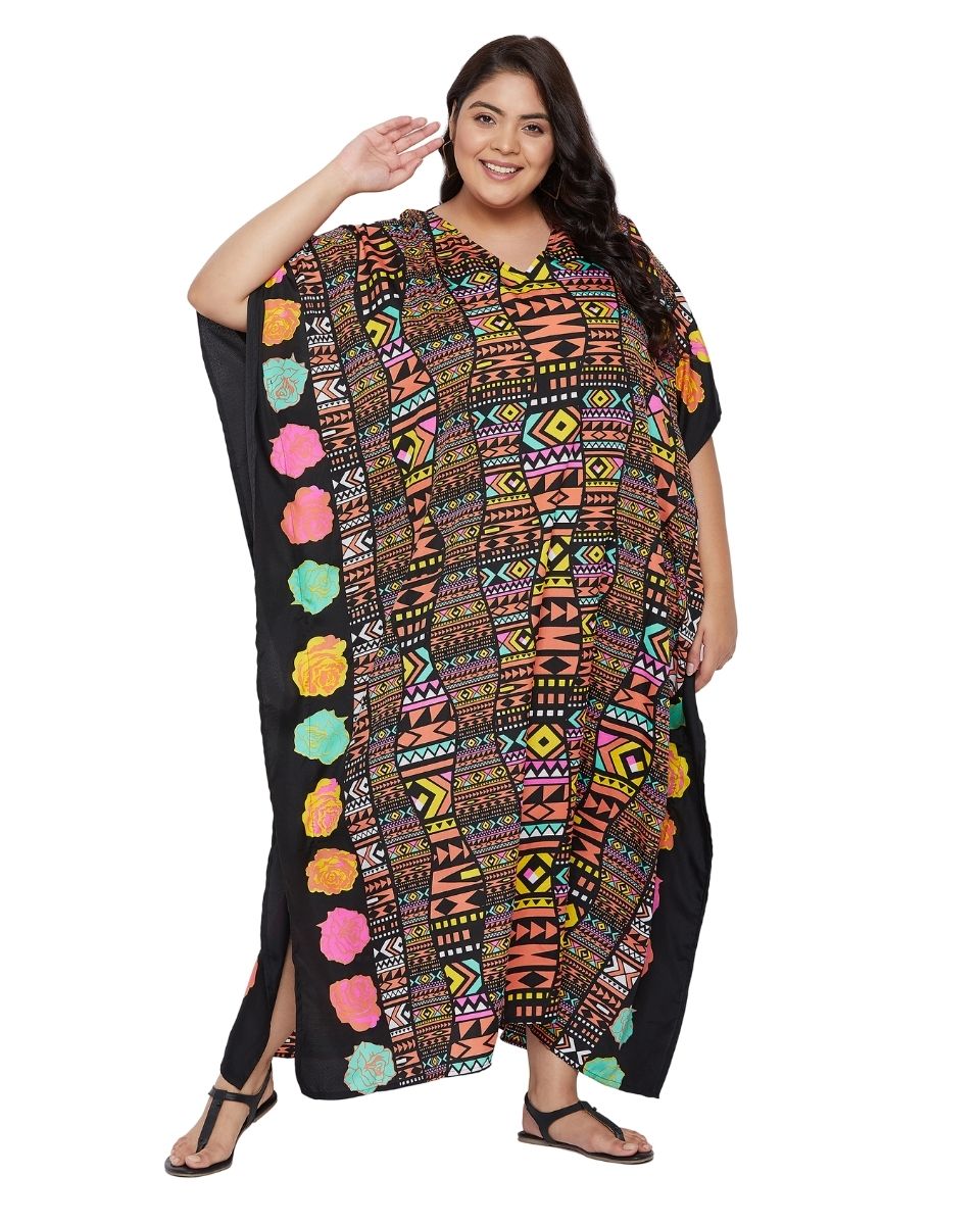 Women Multicolor Polyester Kimono Sleeve Maxi Plus Size Kaftan