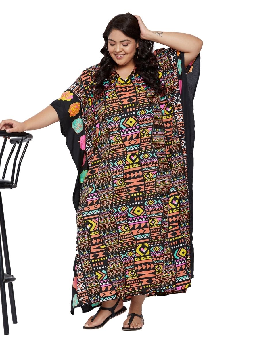 Women Multicolor Polyester Kimono Sleeve Maxi Plus Size Kaftan