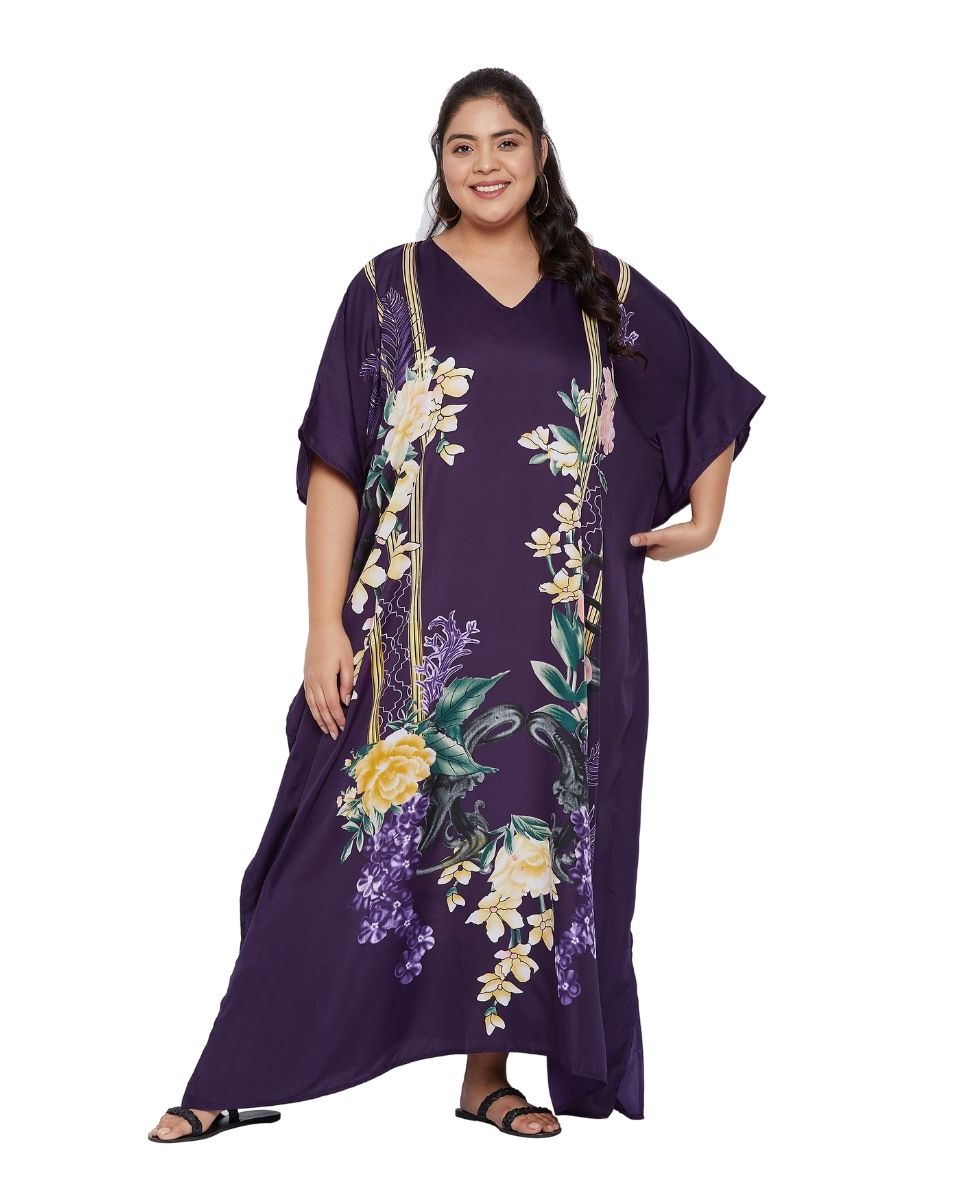 Floral Printed Purple Polyester Kaftan Plus Size Dress For Women