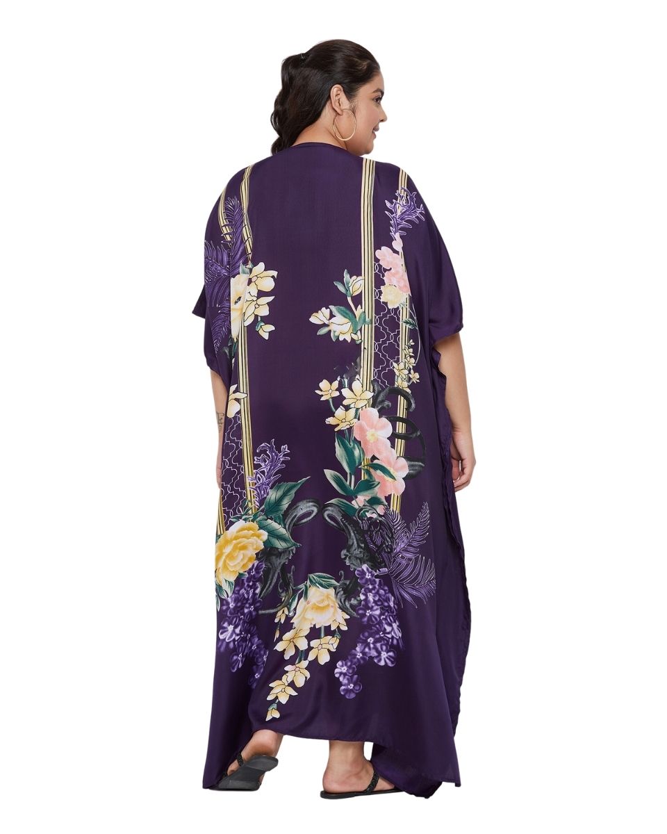 Floral Printed Purple Polyester Kaftan Plus Size Dress For Women