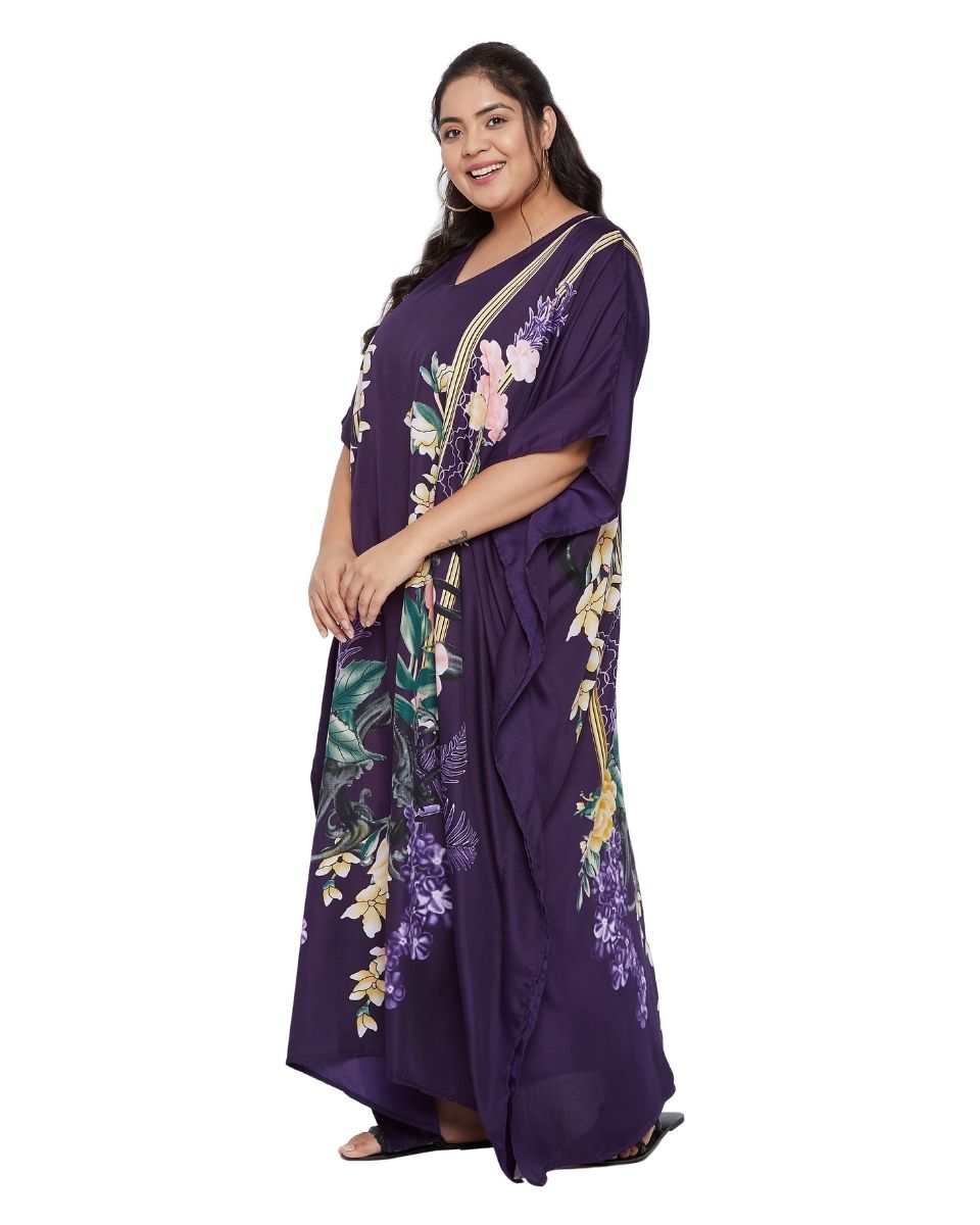 Floral Printed Purple Polyester Kaftan Plus Size Dress For Women