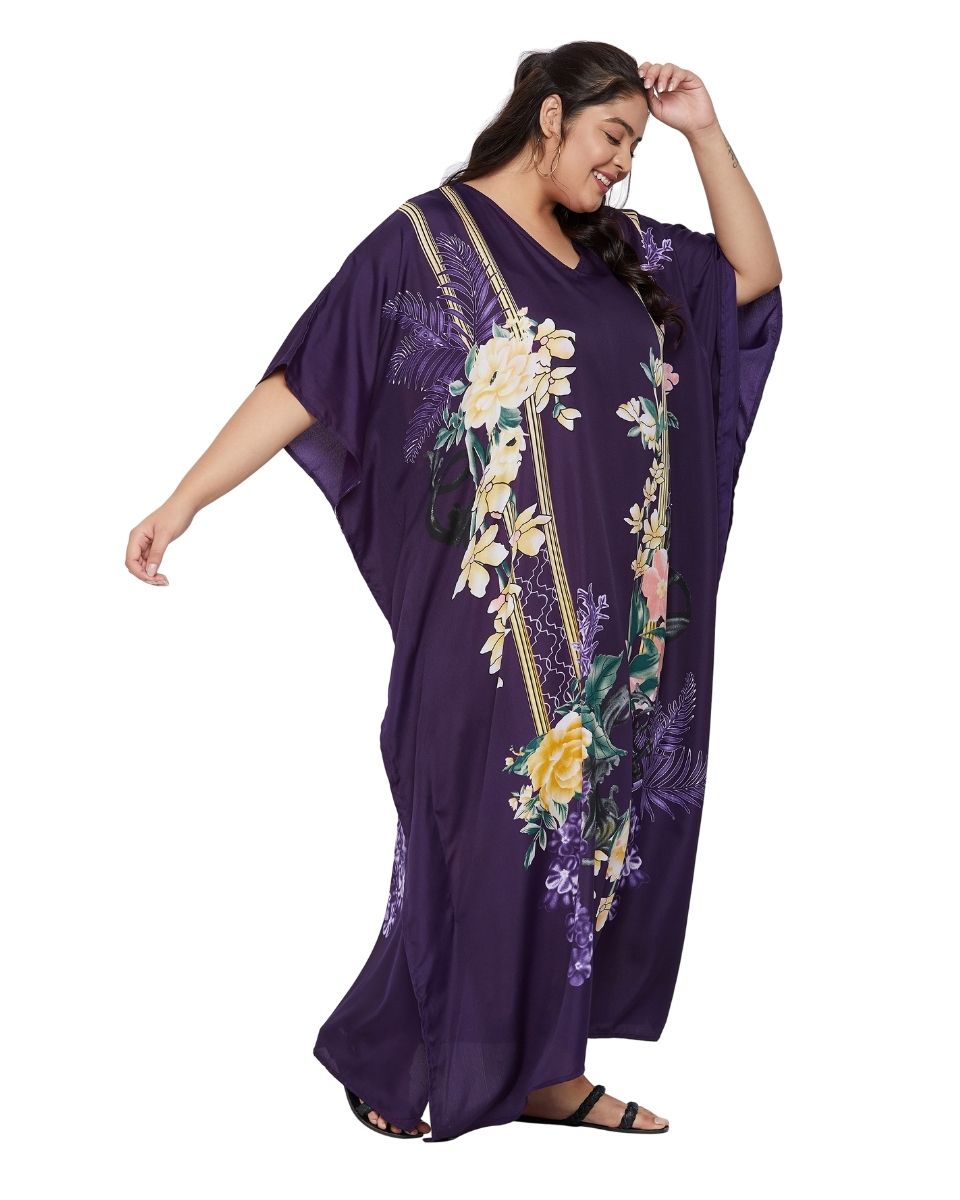 Floral Printed Purple Polyester Kaftan Plus Size Dress For Women